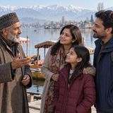 Kashmiri guide explaining the area to a family beside a wooden boat landing