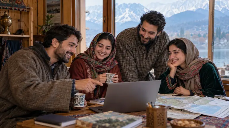 Four people planning a trip around a laptop and printed maps in a wooden room by a lake