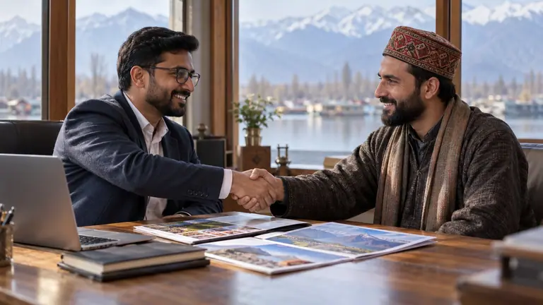Two business partners shaking hands over travel brochures, with a lake and mountains behind