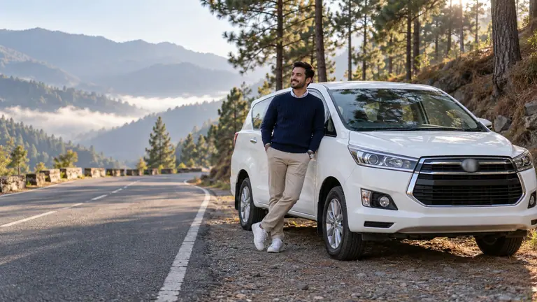 A man leaning on a white SUV beside a quiet mountain road lined with pine trees
