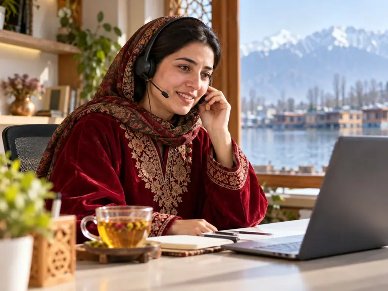 A support agent wearing a headset and smiling at a laptop beside a window with a lake view