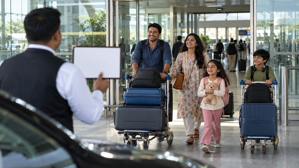 A family with luggage trolleys arriving at an airport, met by a driver holding a blank sign