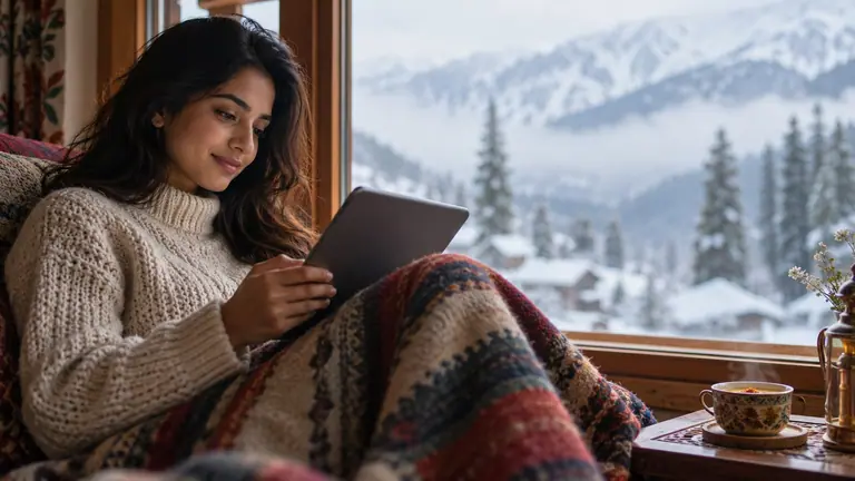A woman reading on a tablet under a blanket beside a window that looks onto snowy mountains