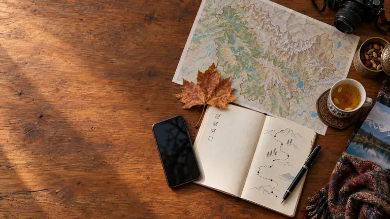 A wooden table with a regional map, a travel notebook, a phone, a camera and a cup of tea