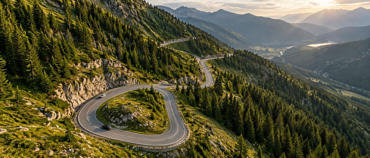 An aerial view of a winding mountain road through a pine forest