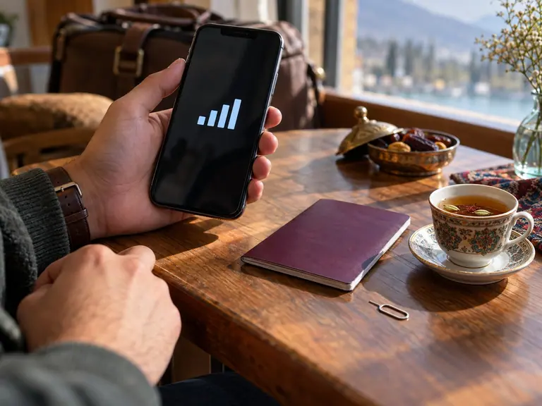 A hand holding a phone that shows signal bars, beside a passport, a SIM tool and a cup of tea