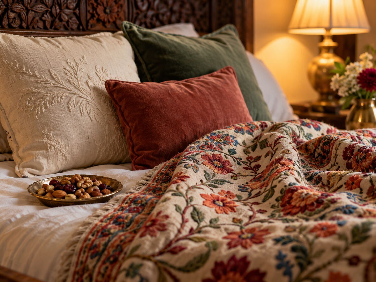 A bed with embroidered cushions and a floral Kashmiri-style blanket, with a plate of dry fruit