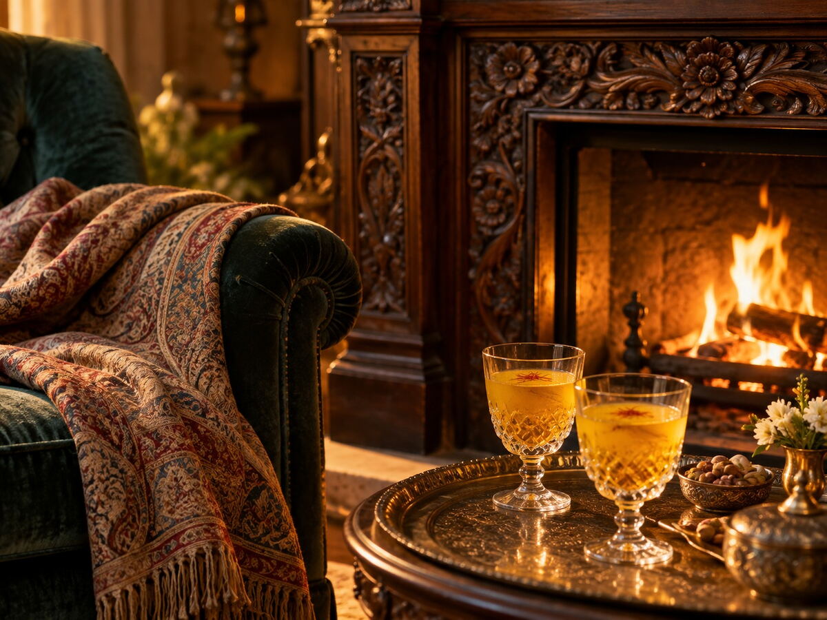 A carved wooden fireplace with a lit fire, an armchair draped in a shawl and two glasses of saffron tea