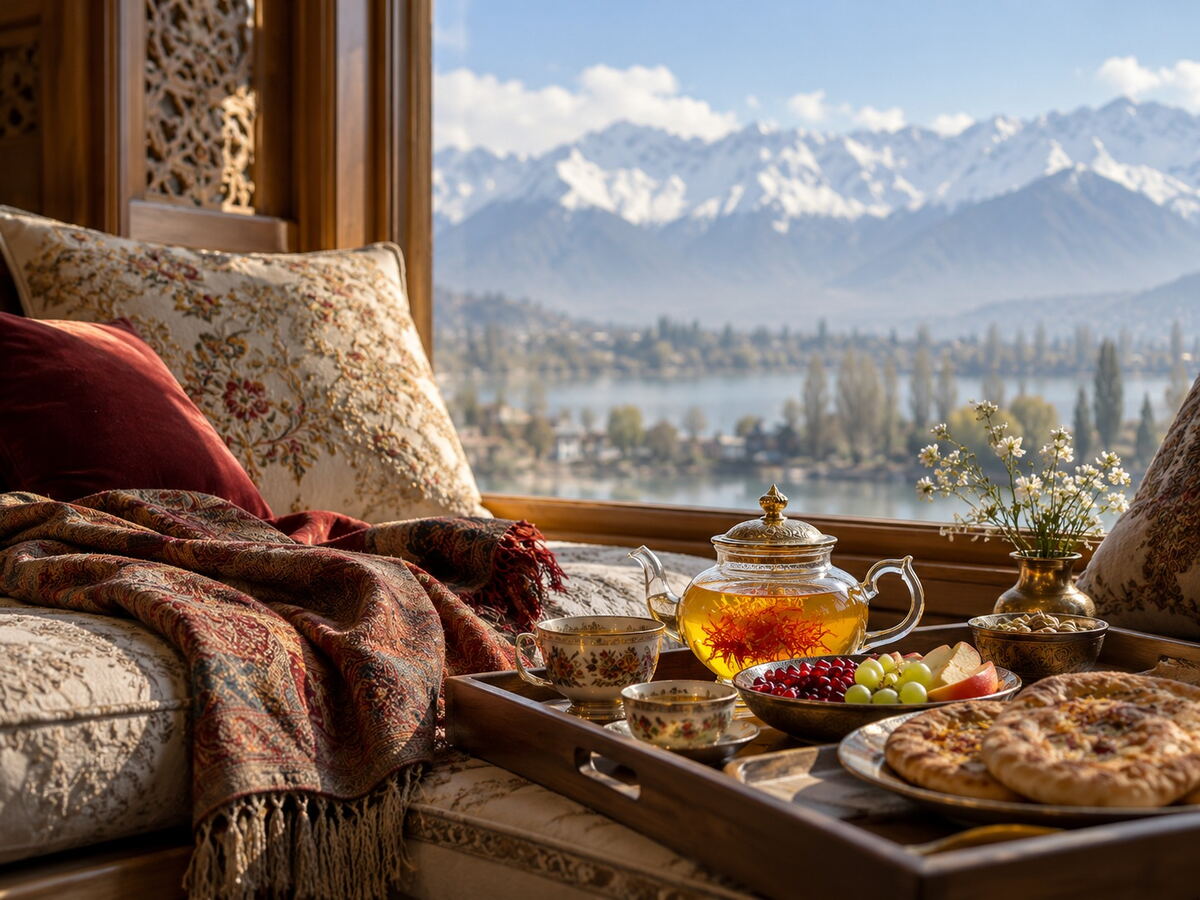 A window seat with a lake and mountain view and a tray of tea and bread