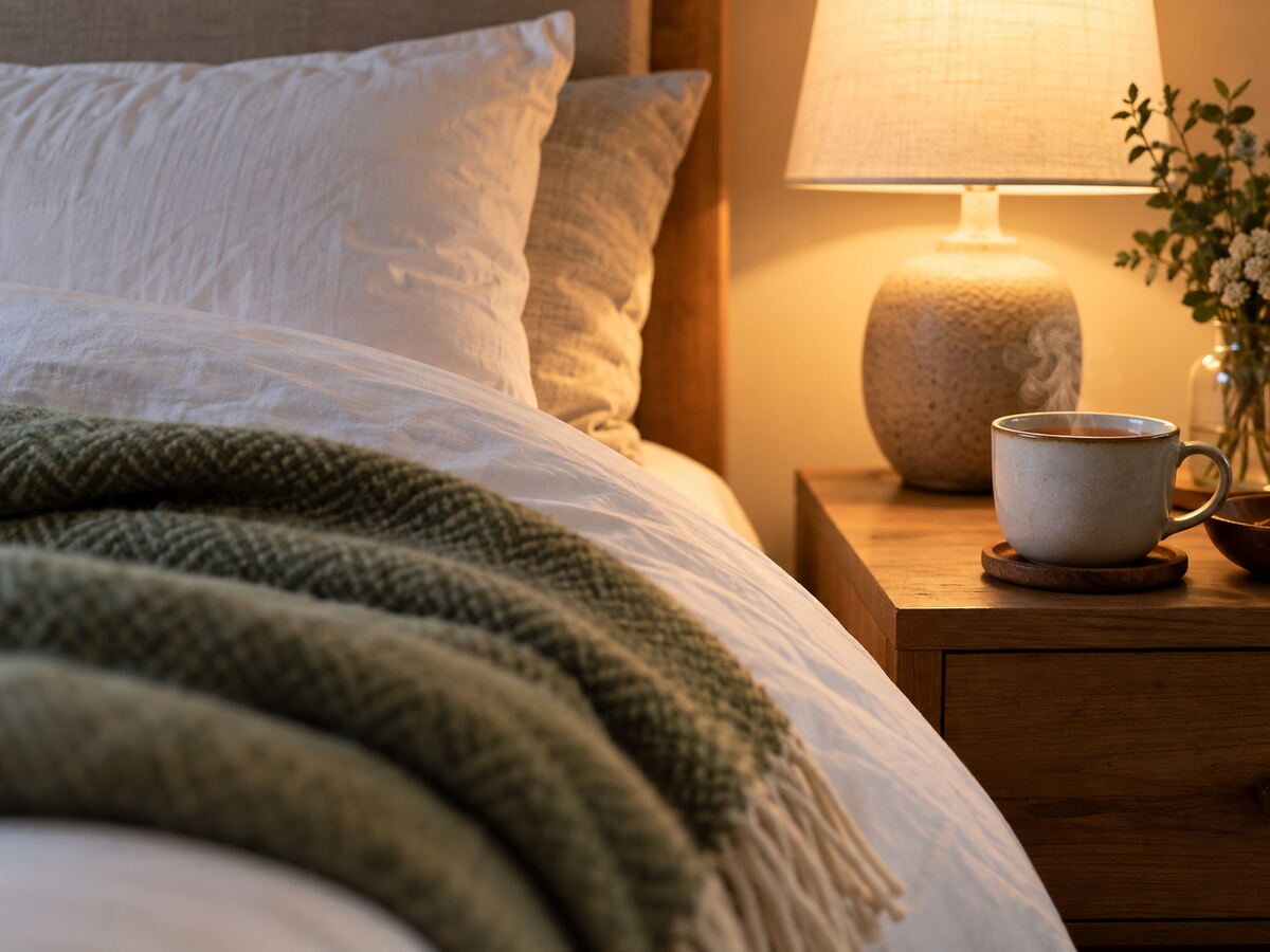 A warmly lit bed with white linen, a green throw and a cup of tea on the bedside table