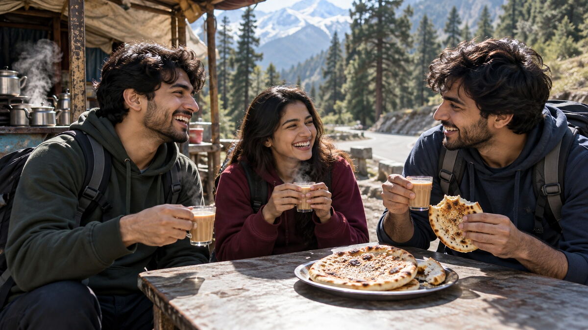 Three friends laughing over tea and flatbread at a roadside stall in a pine valley