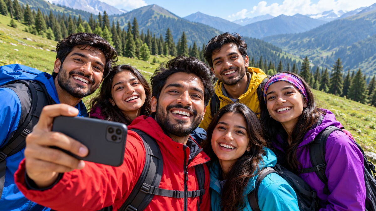 A group of friends taking a selfie on a green mountain meadow