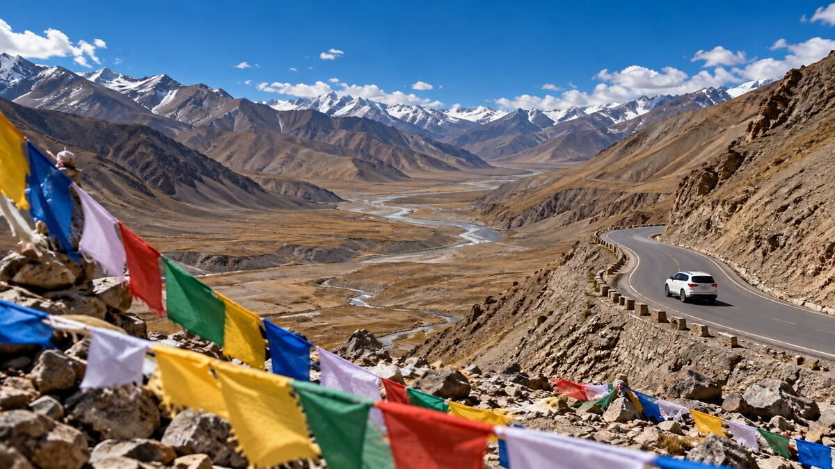 A white car on a mountain road above a Himalayan valley, beside colourful prayer flags