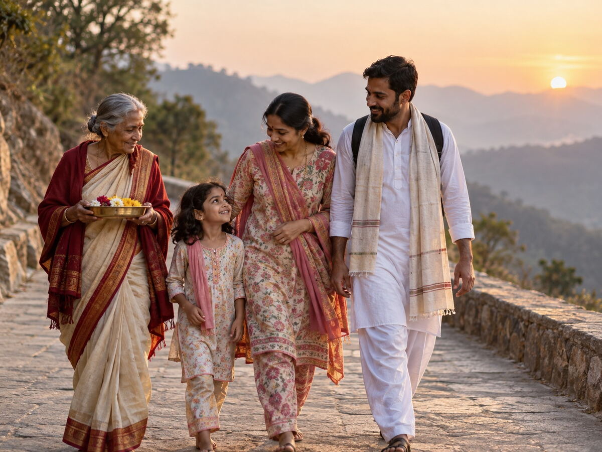 A family with a grandmother holding a flower offering, walking a stone path at sunrise