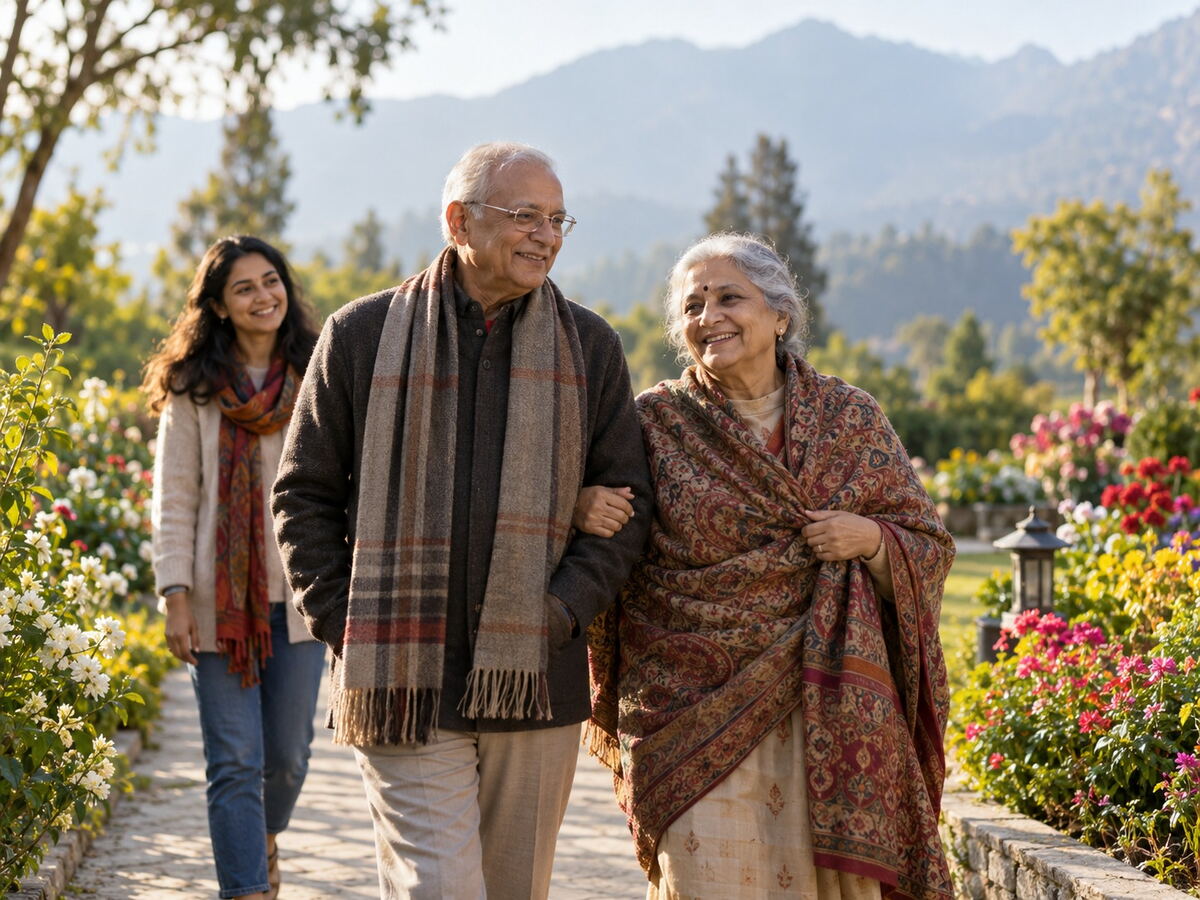 An older couple walking arm in arm through a flower garden, with a younger relative behind them