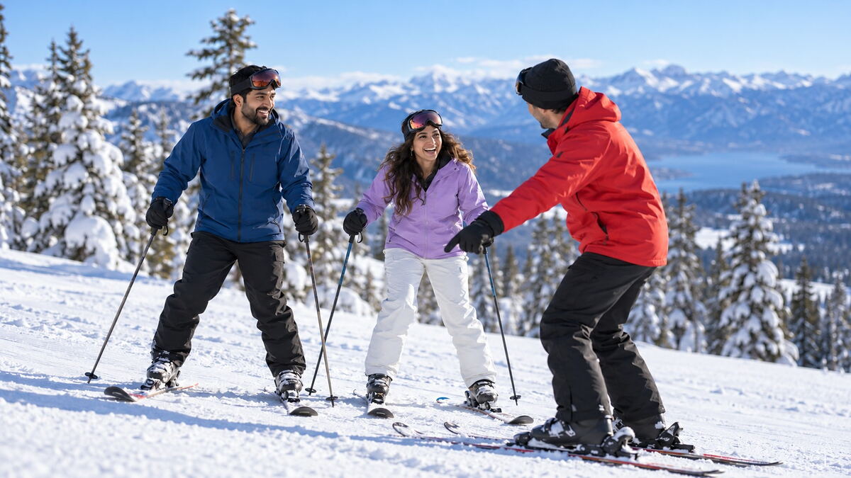 Three people learning to ski on a snowy slope with pine trees and mountains behind