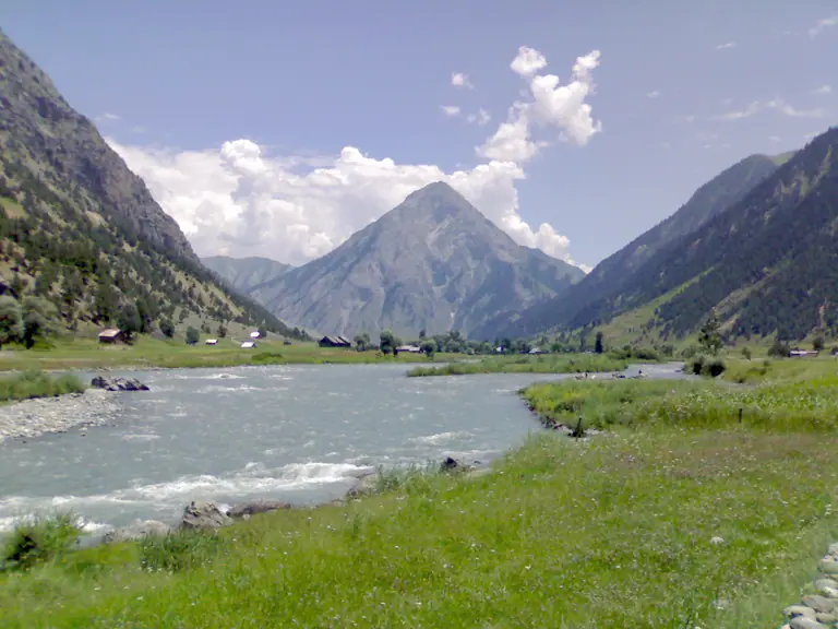 The Kishanganga river in Gurez Valley below the pyramid-shaped Habba Khatoon peak
