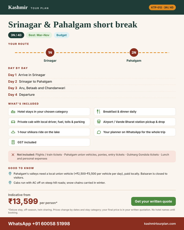 Srinagar & Pahalgam short break 3 nights 4 days itinerary summary: route, day-by-day plan and what’s included