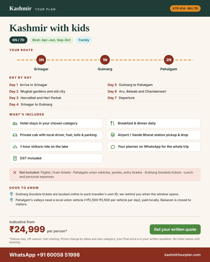 Kashmir with kids 6 nights 7 days itinerary summary: route, day-by-day plan and what’s included
