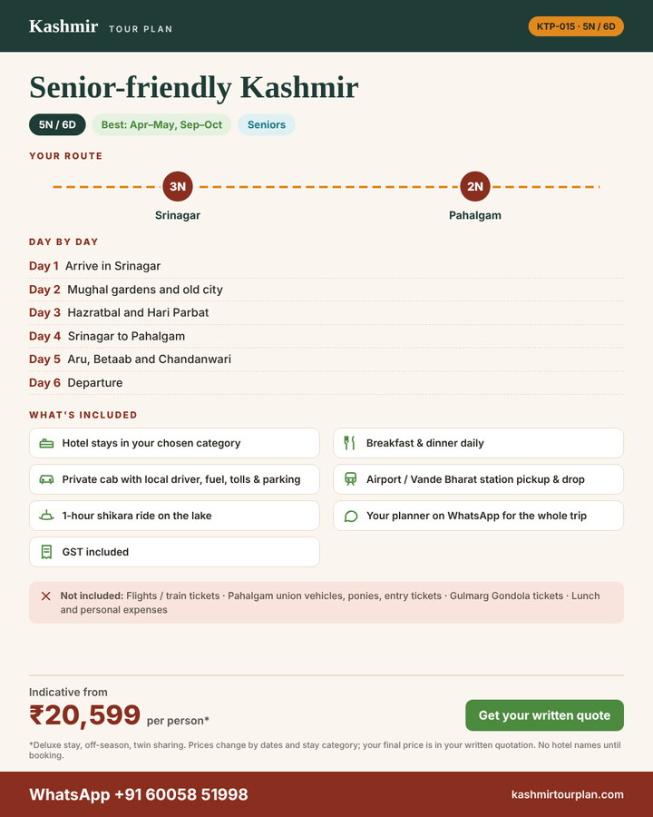 Senior-friendly Kashmir 5 nights 6 days itinerary summary: route, day-by-day plan and what’s included