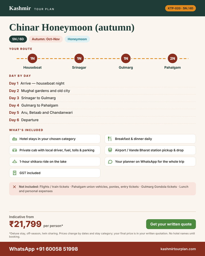 Chinar Honeymoon (autumn) 5 nights 6 days itinerary summary: route, day-by-day plan and what’s included