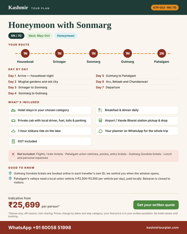 Honeymoon with Sonmarg 6 nights 7 days itinerary summary: route, day-by-day plan and what’s included