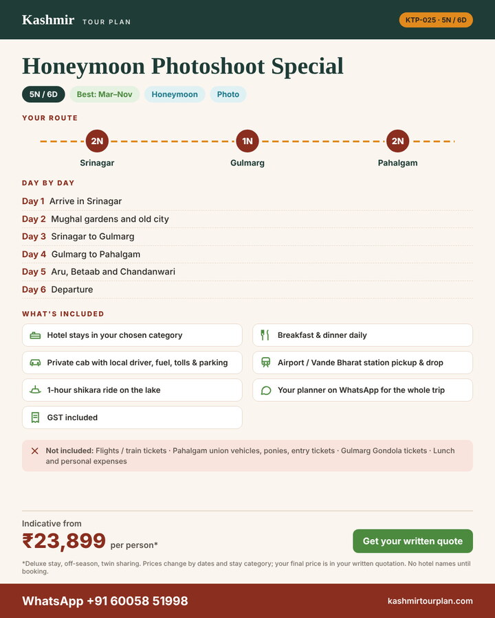 Honeymoon Photoshoot Special 5 nights 6 days itinerary summary: route, day-by-day plan and what’s included