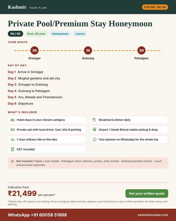 Private Pool/Premium Stay Honeymoon 5 nights 6 days itinerary summary: route, day-by-day plan and what’s included