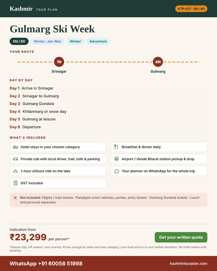 Gulmarg Ski Week 5 nights 6 days itinerary summary: route, day-by-day plan and what’s included