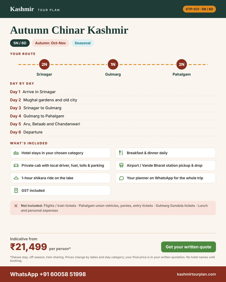 Autumn Chinar Kashmir 5 nights 6 days itinerary summary: route, day-by-day plan and what’s included