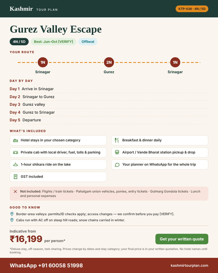 Gurez Valley Escape 4 nights 5 days itinerary summary: route, day-by-day plan and what’s included