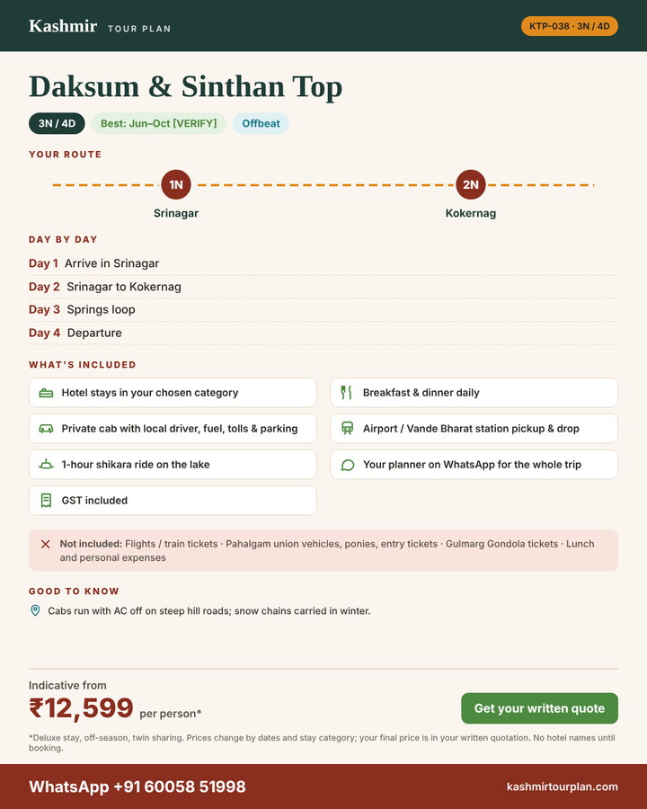 Daksum & Sinthan Top 3 nights 4 days itinerary summary: route, day-by-day plan and what’s included