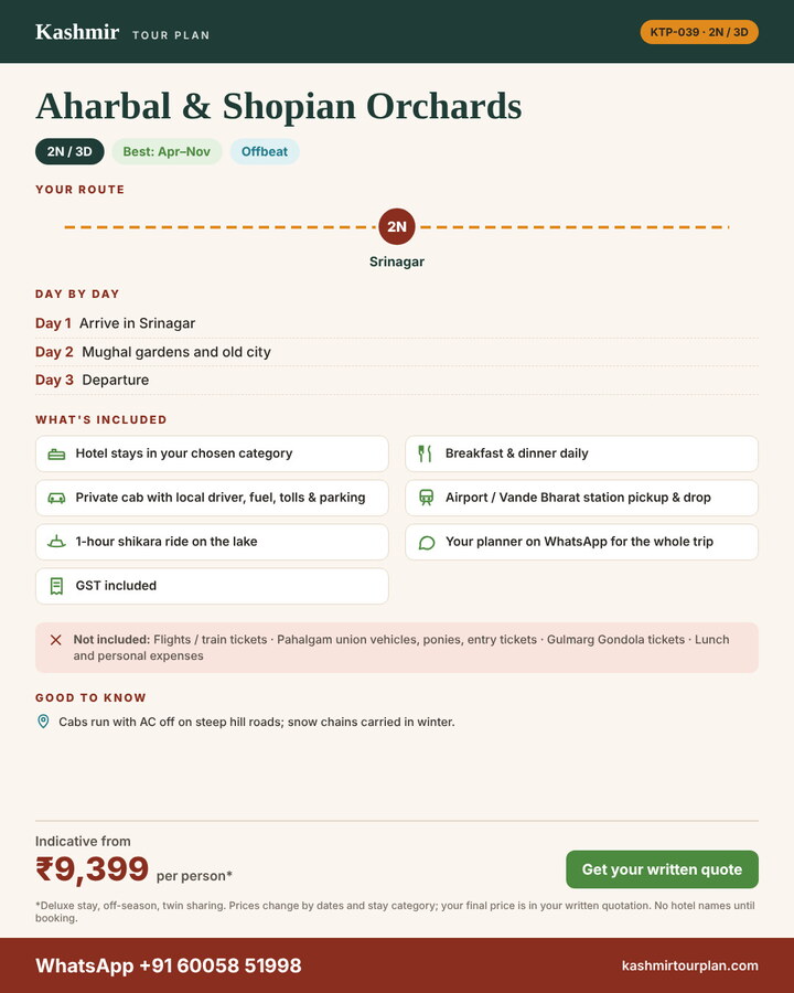 Aharbal & Shopian Orchards 2 nights 3 days itinerary summary: route, day-by-day plan and what’s included