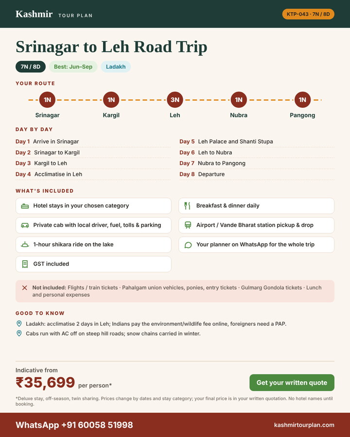 Srinagar to Leh Road Trip 7 nights 8 days itinerary summary: route, day-by-day plan and what’s included