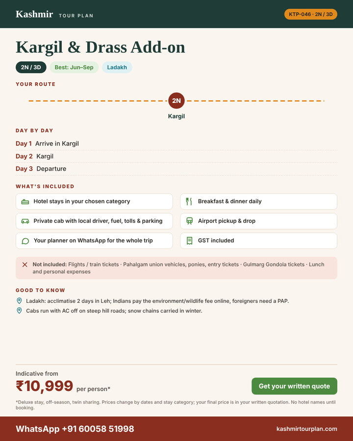 Kargil & Drass Add-on 2 nights 3 days itinerary summary: route, day-by-day plan and what’s included