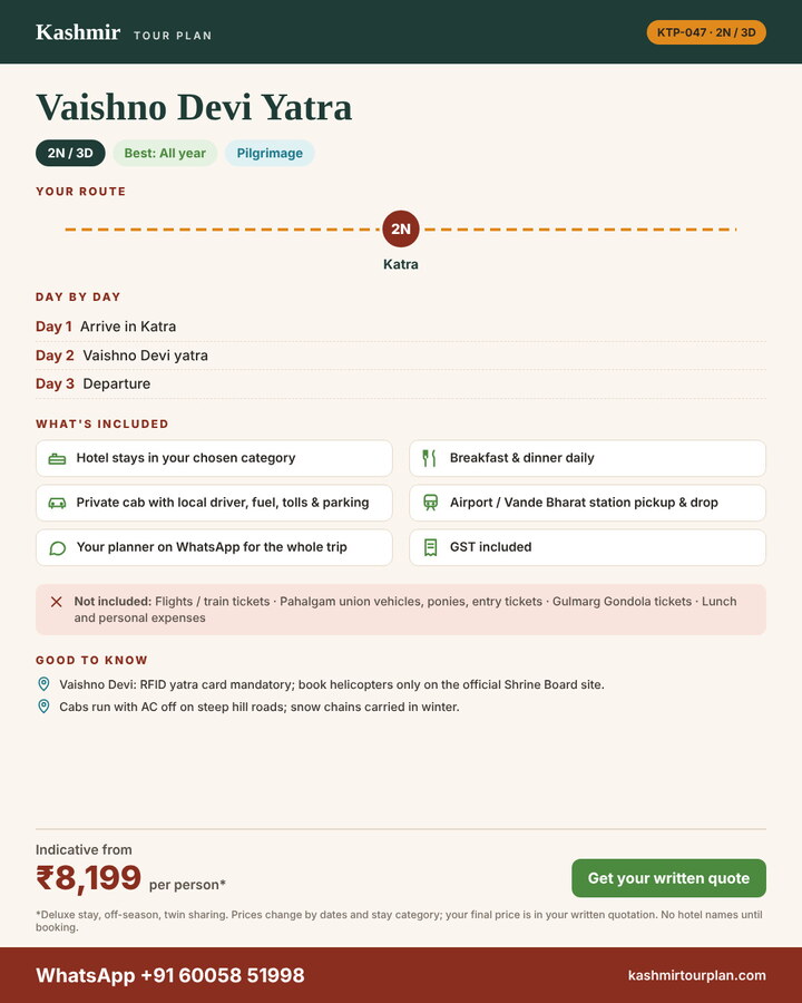 Vaishno Devi Yatra 2 nights 3 days itinerary summary: route, day-by-day plan and what’s included