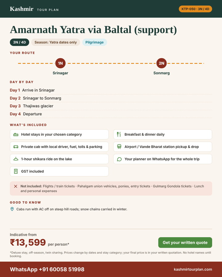 Amarnath Yatra via Baltal (support) 3 nights 4 days itinerary summary: route, day-by-day plan and what’s included