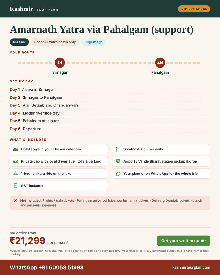 Amarnath Yatra via Pahalgam (support) 5 nights 6 days itinerary summary: route, day-by-day plan and what’s included