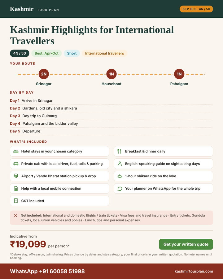 Kashmir Highlights for International Travellers 4 nights 5 days itinerary summary: route, day-by-day plan and what’s included