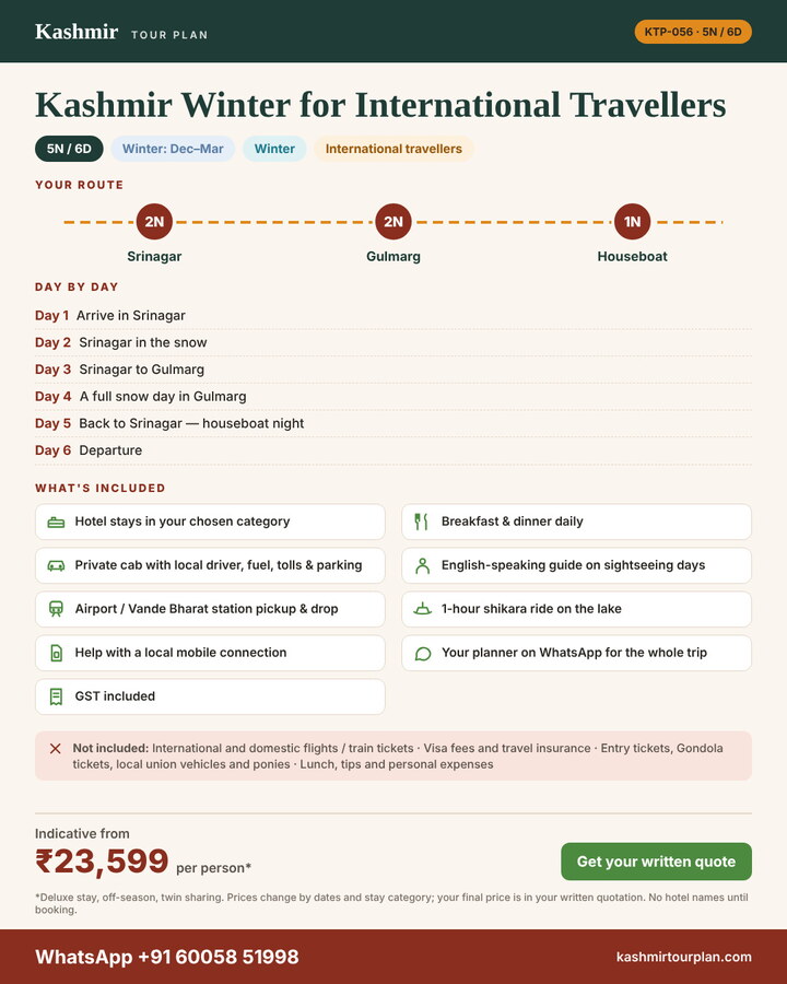 Kashmir Winter for International Travellers 5 nights 6 days itinerary summary: route, day-by-day plan and what’s included