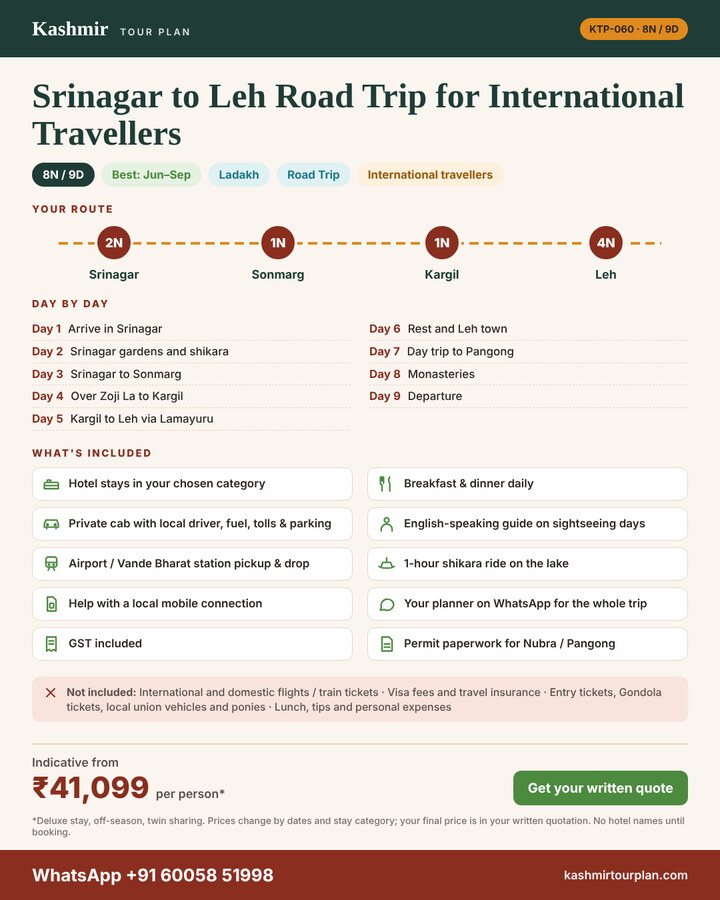 Srinagar to Leh Road Trip for International Travellers 8 nights 9 days itinerary summary: route, day-by-day plan and what’s included