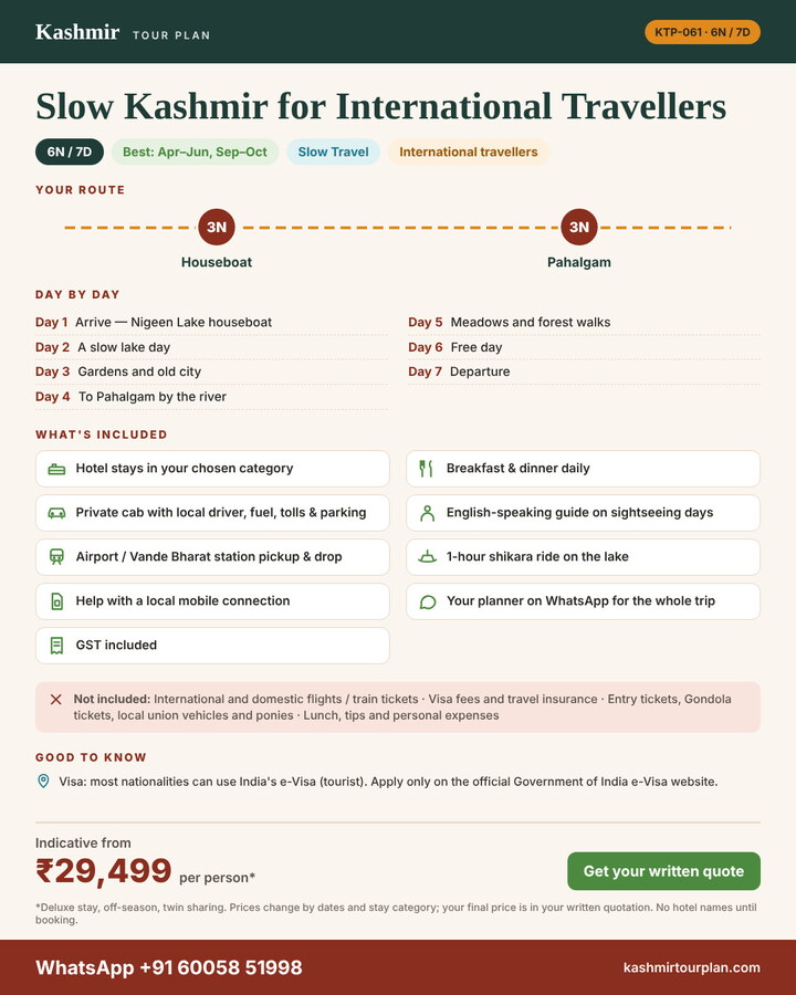 Slow Kashmir for International Travellers 6 nights 7 days itinerary summary: route, day-by-day plan and what’s included